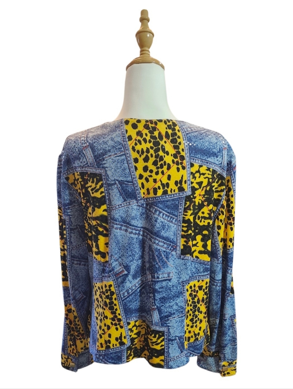 Joseph Ribkoff Bold Yellow Leopard & Denim Print Snap Button Top - Picture 10 of 12